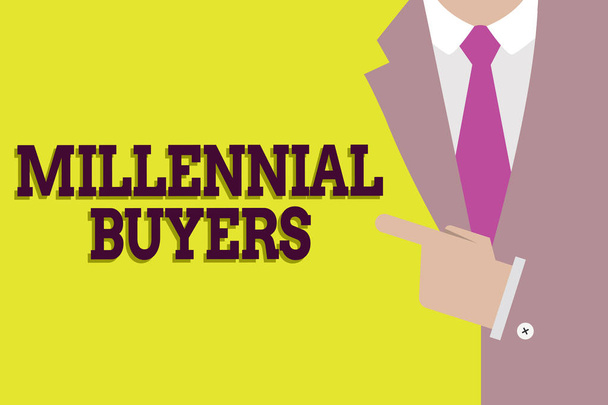 Χειρόγραφο κείμενο Millennial Αγοραστές. Έννοια έννοια Είδος καταναλωτών που ενδιαφέρονται για τα trending προϊόντα - Φωτογραφία, εικόνα
