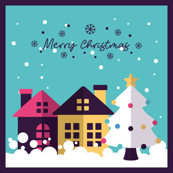 Frohe Weihnachten Schneebaum Lichter Häuser Vektor Illustration - Vektor, Bild