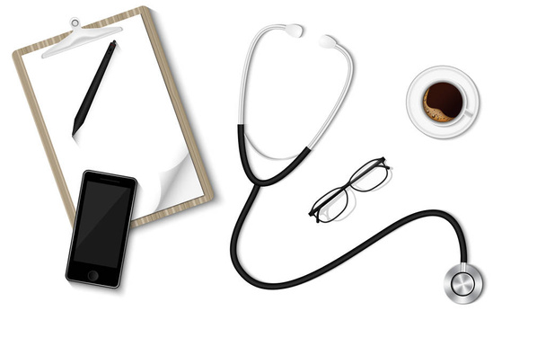 Sağlık Check-up kavramı, Doktor stetoskop ve donanımı ile Masaüstü çalışma alanı. - Vektör, Görsel