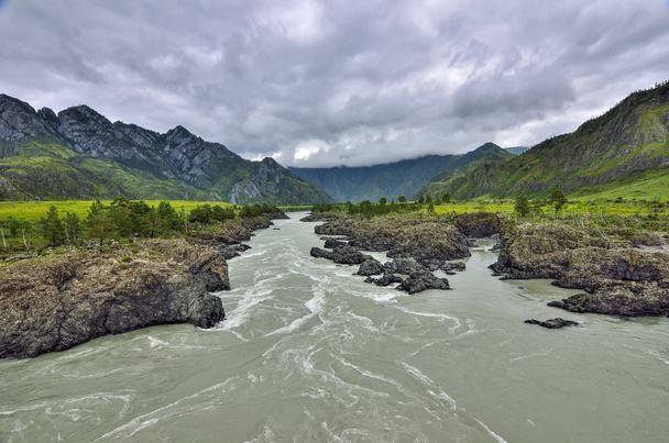 Summer landscape of fast mountain river Katun with Teldykpen rapids near village Oroktoy, Altai mountains, Russia. This is the narrowest and deepest place of mountain river - Photo, image