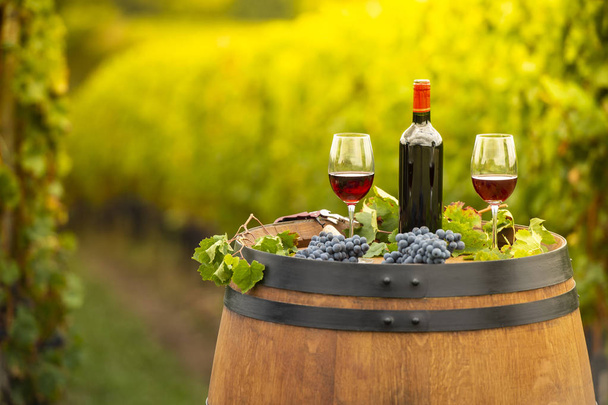 Наливание красного вина в бокал, бочка на открытом воздухе в Бордо Виньярд, Франция
 - Фото, изображение