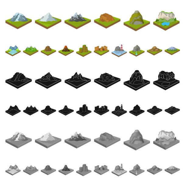Mountains, massive cartoon icons in set collection for design. The surface of the earth vector isometric symbol stock web illustration. - Vektori, kuva