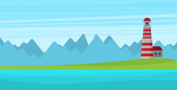 lighthouse near sea with mountains on background  - Vector, afbeelding