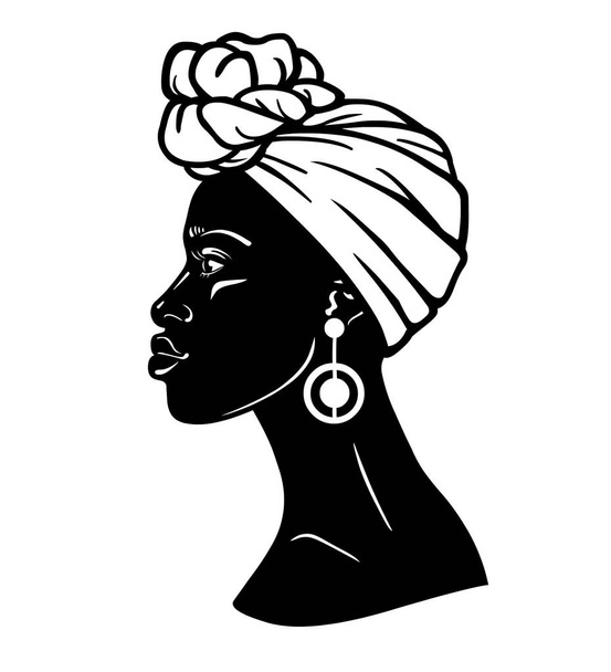 Animation portrait of the young African woman in a turban. Profile view. Monochrome linear drawing. Vector illustration isolated on a white background. Print, poster, t-shirt, card. - Vector, Image