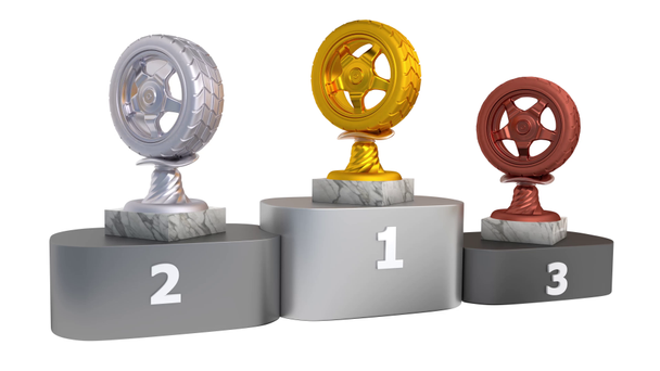 Sport Wheel Gold Silver and Bronze Trophies with Marble Bases on a Podium in Infinite Rotation - Footage, Video