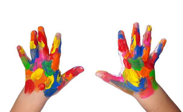 Gyermek kézzel festett színes festékek fehér háttér - Fotó, kép