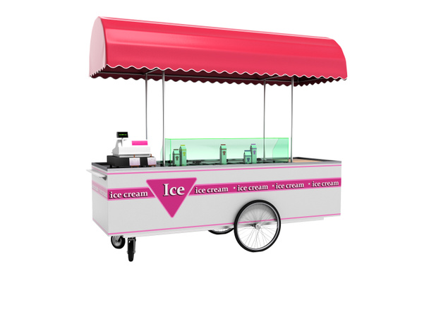 Moderne roze trolley koelkast met ijs van verschillende smaakt 3d render op witte achtergrond geen schaduw - Foto, afbeelding