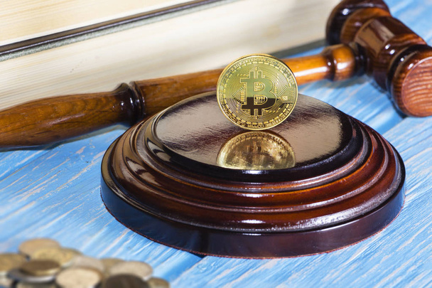 judges hammer and bitcoin gold coin. Digital currency. - Photo, Image