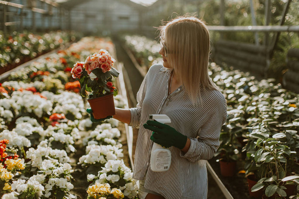 Beautiful young woman gardening outside in summer nature. - Photo, Image