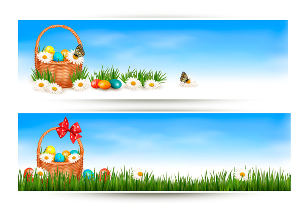 Easter banners with Easter eggs in basket and flowers. Vector - ベクター画像