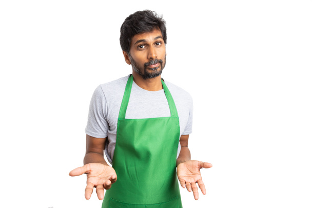 Складний супермаркет або гіпермаркет індійський співробітник з двома руками як цікава концепція ізольована на білому фоні студії
 - Фото, зображення