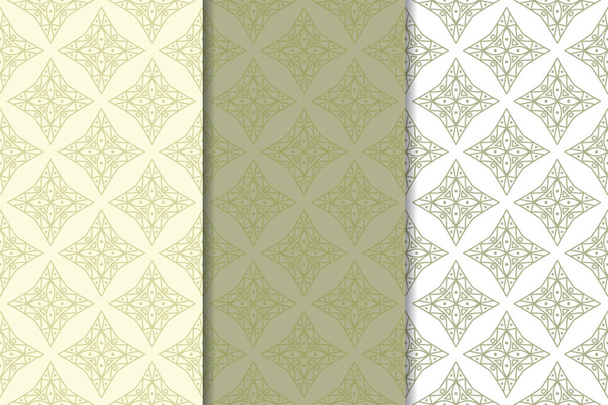 Adornos geométricos en verde oliva y blanco. Conjunto de patrones verticales sin costura para tela, textiles y fondos de pantalla
 - Vector, Imagen