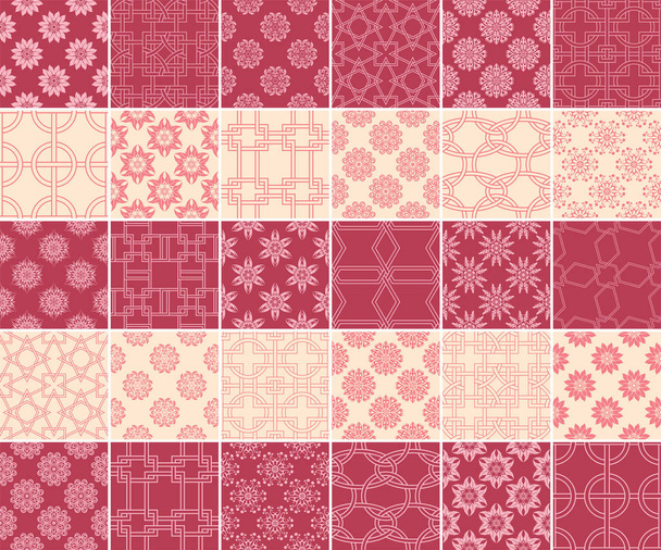 Colección geométrica y floral de patrones sin costura. Fondo rojo cereza y beige para textiles y fondos de pantalla
 - Vector, Imagen