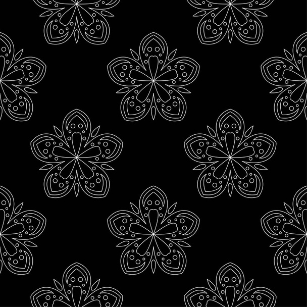 White floral ornament on black background. Seamless pattern for textile and wallpapers - Vetor, Imagem