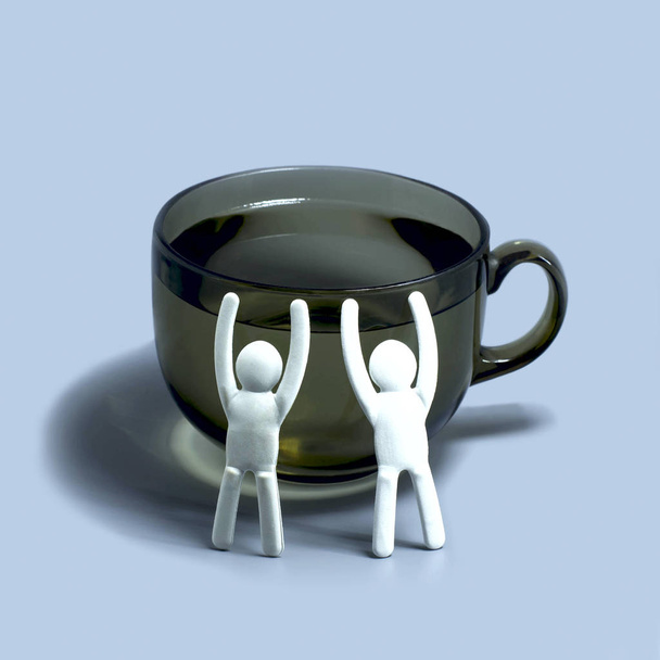 Little paper men are trying to get to edge of large mug. Goals, achievements, overcoming difficulties. Minimal psychological concept - Photo, Image