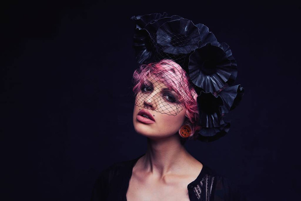 Beautiful Portrait of woman with pink hair  and tattoo         - Φωτογραφία, εικόνα