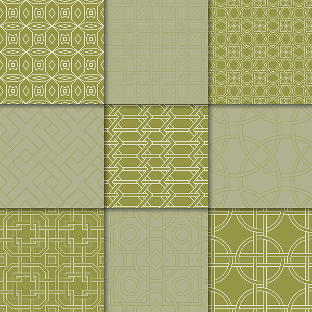 Olive green ornamenty geometryczne. Kolekcja bezspoinowo desenie dla sieci web, tkaniny i Tapety - Wektor, obraz
