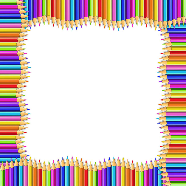 Borda ondulada quadrada vetorial feita de lápis de madeira multicoloridos isolados em fundo branco. Voltar para a estrutura da escola que faz fronteira com o conceito de modelo ou moldura de foto com espaço de cópia vazio para texto
 - Vetor, Imagem