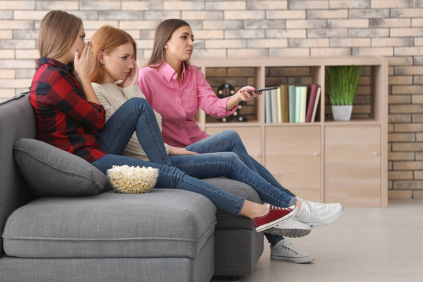 Young women watching TV at home - 写真・画像