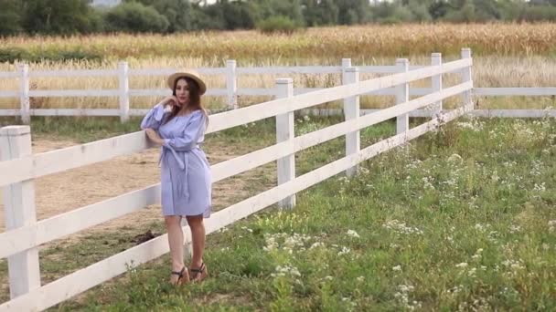 Schwangere mit Hut stehen neben dem Zaun. Bauernhof. Hintergrund des Feldes - Filmmaterial, Video