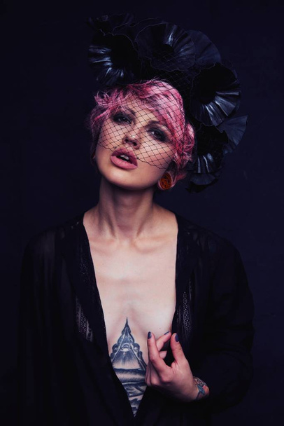 Beautiful Portrait of woman with pink hair  and tattoo         - Valokuva, kuva
