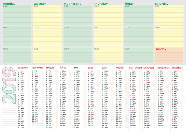 Geschäftsplanung 2019, Kalender und Tagesordnung in englischer Sprache, mit Zählung der Tage - Vektor, Bild