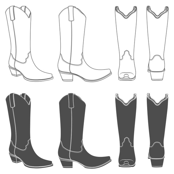 Set of black and white illustrations with cowboy boots. Isolated vector objects on white background. - Vector, afbeelding