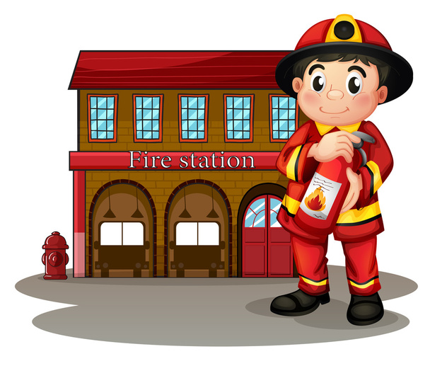 Un bombero frente a una estación de bomberos sosteniendo un extintor
 - Vector, imagen
