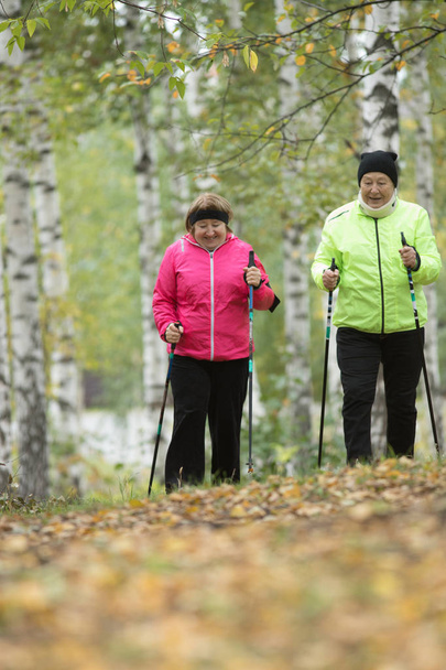Dos mujeres ancianas vestidas de chaqueta hinchable están involucradas en la caminata escandinava en el parque fuera de la carretera. Amplio tiro
 - Foto, Imagen
