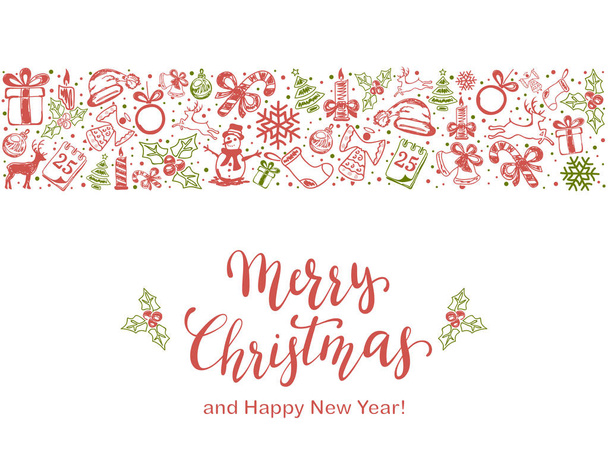 Feliz Natal com elementos decorativos vermelhos e verdes sobre um fundo branco. Cartão de férias com letras e decoração, ilustração
. - Vetor, Imagem