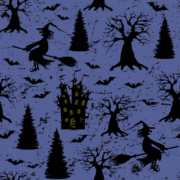 Halloween donker paarse grunge naadloze patroon met silhouetten van verschrikkelijke dode bomen, kasteel, vleermuizen, boze heks vliegen op een bezemsteel op grungy spooky nacht achtergrond. Halloween, horror concept. - Foto, afbeelding