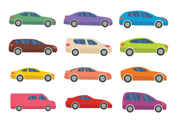 Набор из двенадцати разноцветных автомобилей на белом фоне. Векторная иллюстрация
 - Вектор,изображение