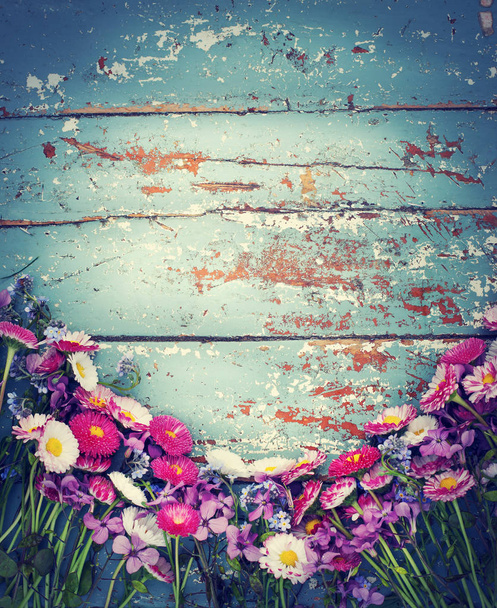 colorful wild flowers on blue shabby wooden background - Photo, Image