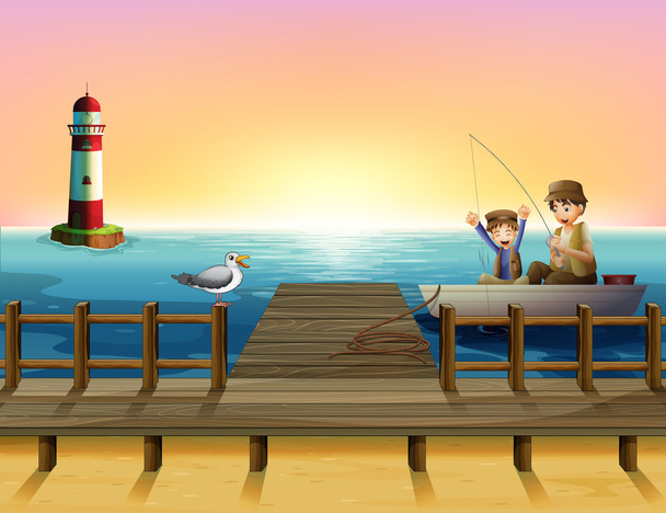 A sunset at the port with boys fishing - Vector, Image