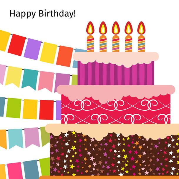 Greeting Card with Sweet Cake for Birthday Celebration. Vector illustratio - Vector, Image