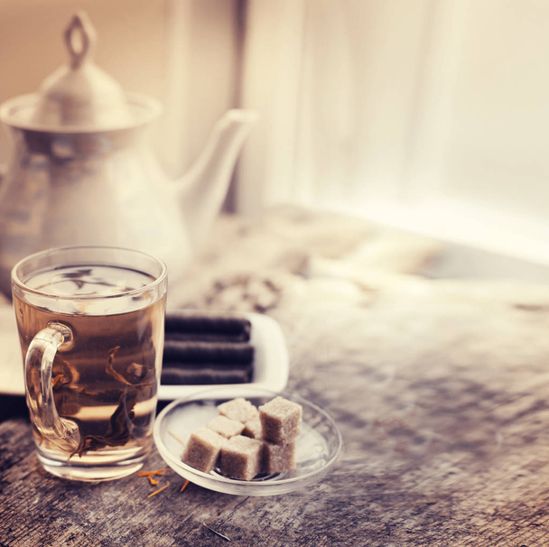 closeup view of fresh tea cup with brown sugar - Φωτογραφία, εικόνα