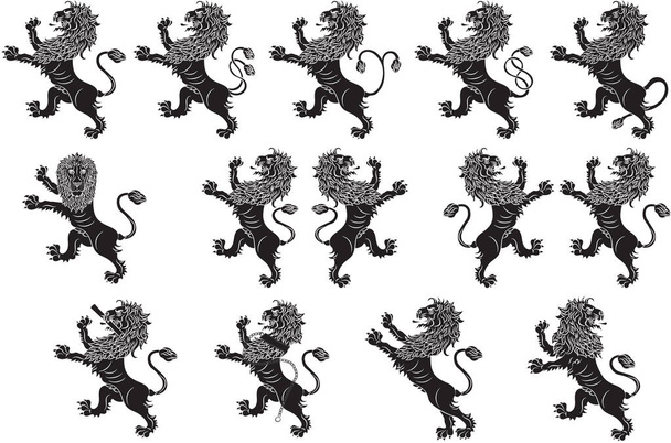 Conjunto de leones heráldicos negros sobre fondo blanco
 - Vector, imagen