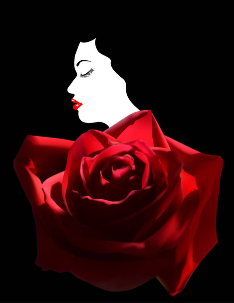Portret van een meisje met witte huid, rode lippen en met gesloten ogen en een rode roos - Vector, afbeelding
