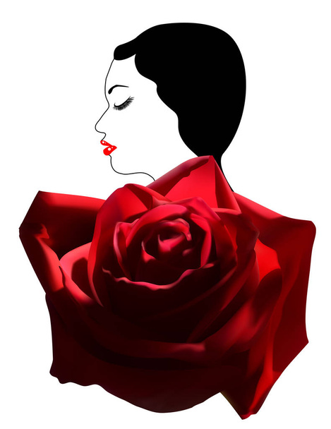 portrait of a girl with white skin, red lips and with closed eyes and a red rose - Vector, Image