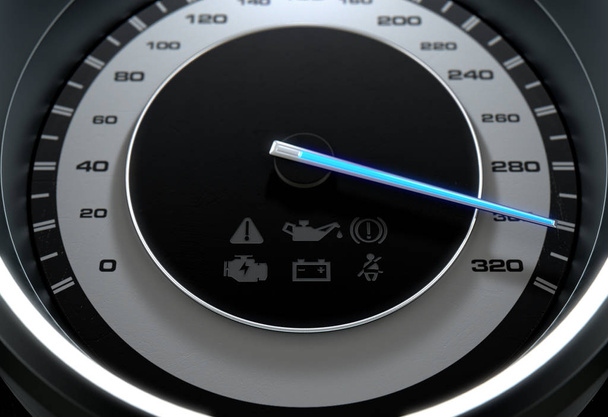 Egy sportos sebességmérő, egy ragyogó kék tű felé nagy sebességgel egy elszigetelt fekete háttér - 3d render - Fotó, kép