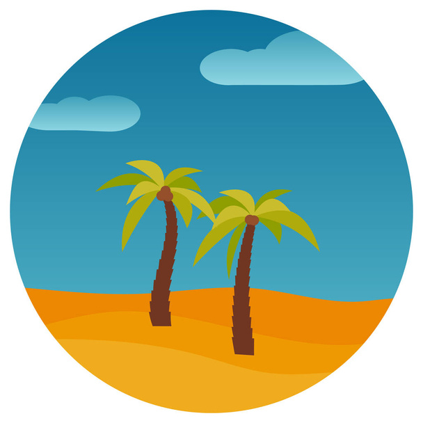 Cartoon-Naturlandschaft mit zwei Palmen in der Wüste im Kreis. Vektor illustratio - Vektor, Bild