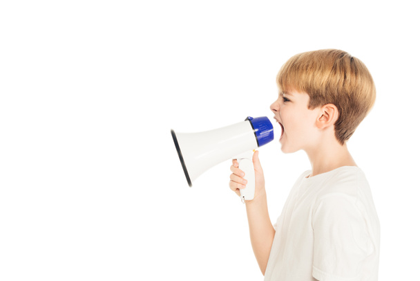 side view of adorable little boy screaming in megaphone isolated on white  - Fotoğraf, Görsel