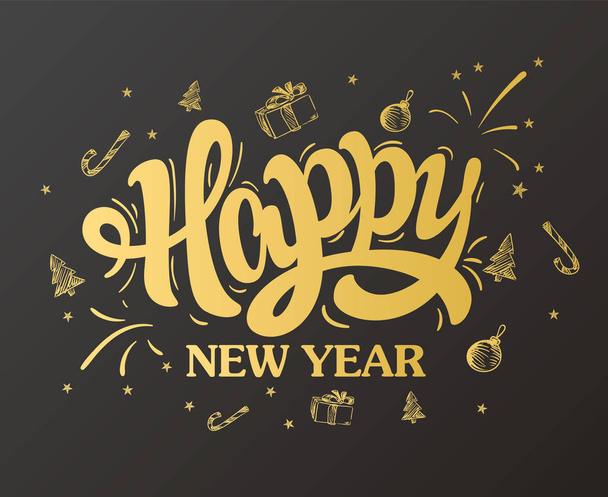 Mutlu yeni yıl altın tasarım yazı. vektör çizim - Vektör, Görsel