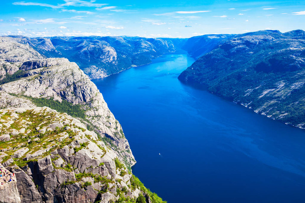 Lysefjord aerial panoramic view from the top of the Preikestolen cliff near Stavanger. Preikestolen or Pulpit Rock is a famous tourist attraction in Norway. - Fotoğraf, Görsel