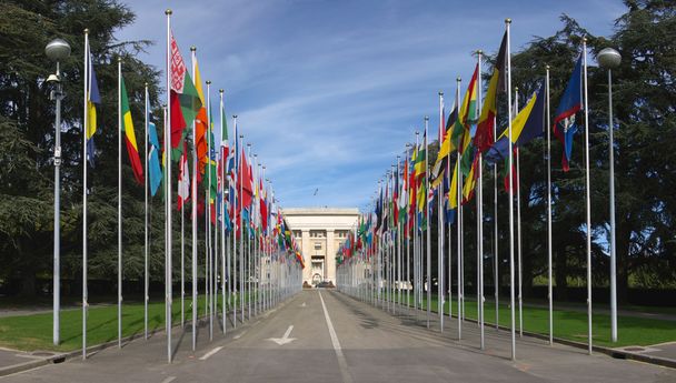 sorok a zászlók a Genfi ENSZ bejegyzés - Fotó, kép