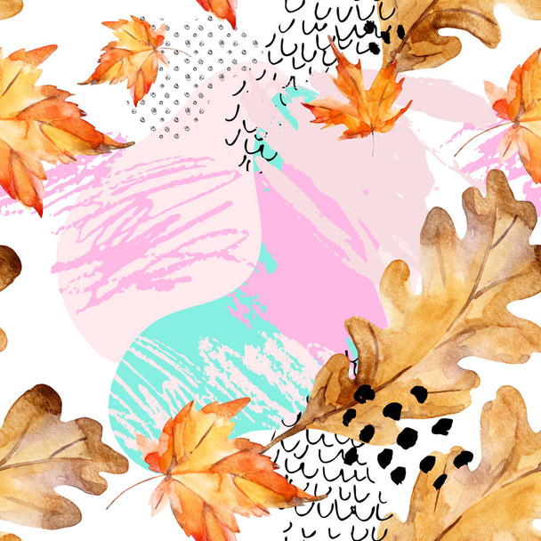 Абстрактный бесшовный рисунок из осеннего дуба, кленовых листьев, жидких форм, минимального гранжа, каракулей. Акварельная иллюстрация в стиле баухаус, Мемфис. Художественный дизайн для осеннего фона, текстиля
 - Фото, изображение