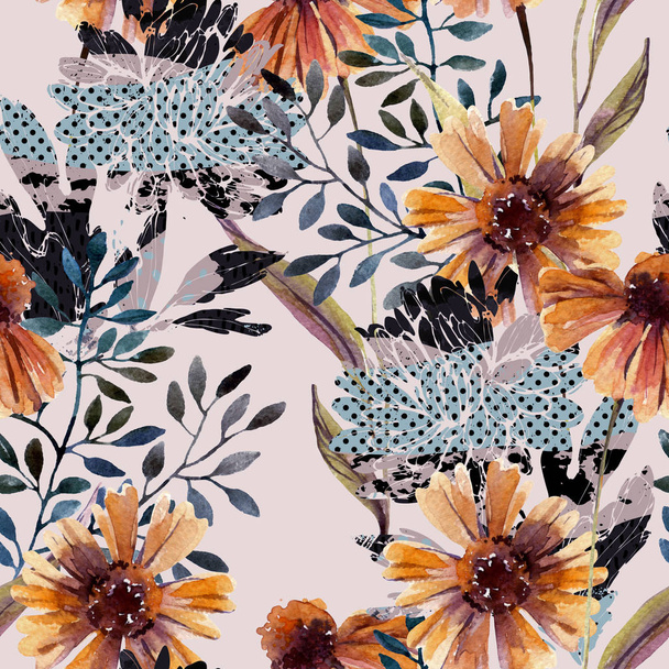 Podzim na pozadí. Abstraktní květinový vzor bezešvé. Akvarelu květiny, listí, větve stromů s minimálními doodle textury. Ručně malované ilustrace pro textilie, textilní, obtékání design - Fotografie, Obrázek