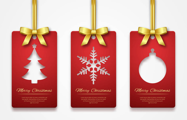 Christmas tags on white background with golden ribbon. New Year holidays hang tag labels. Cut out paper Christmas tags with tree, snowflake and ball - Vector, Image