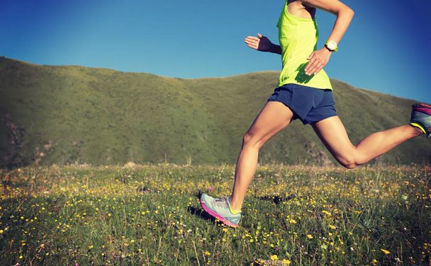 Jeune femme fitness trail runner courir sur les prairies
 - Photo, image