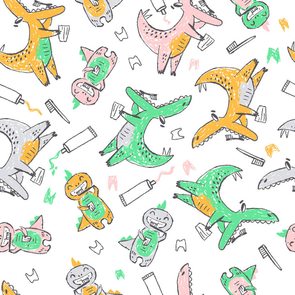 Doodle cute Dinosaurs seamless pattern. Teeth cleaning. - Vettoriali, immagini